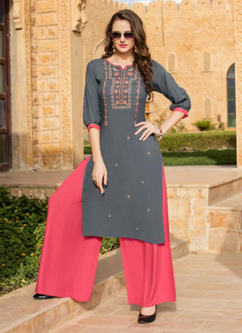 Meraki vol 4 heavy Reyon with Plazzo Embroidery Designer Kurtis Collections